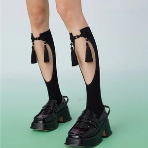 NWOT: MUKZIN Cut Out Fringe Black High Socks